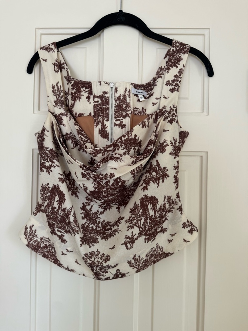 Miaou Cream and Brown Toile Cowl Neck Sleeveless Top